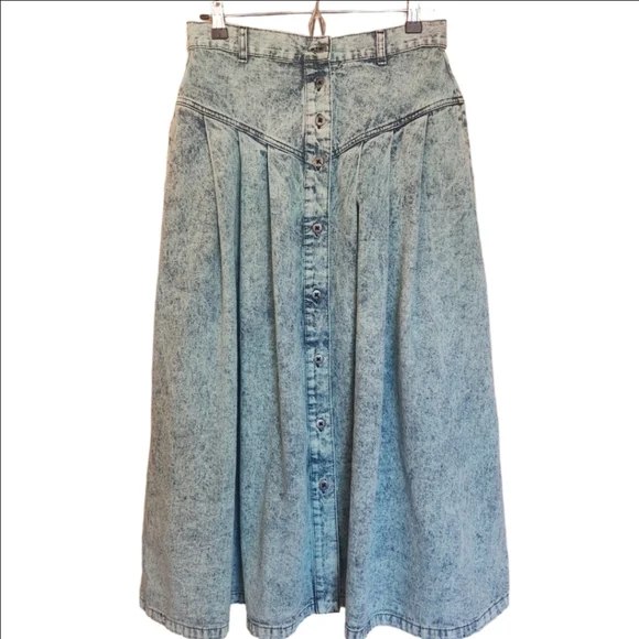 VINTAGE 80s SUNDANCE DENIM JEAN MIDI SKIRT ACID WASH BLUE FULL A LINE POCKETS - Picture 1 of 6